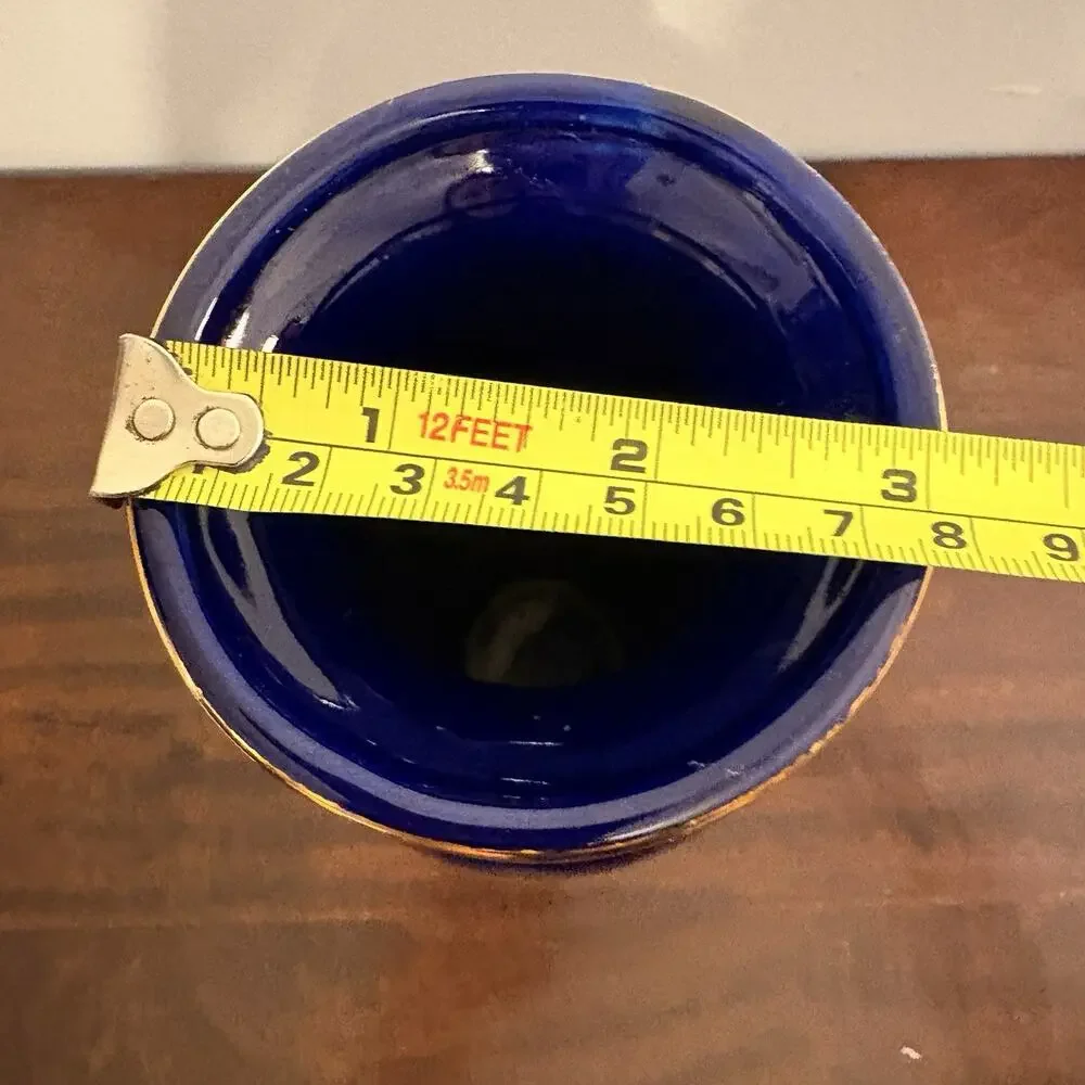 Mid-Century Japanese Jar Vase Cobalt Blue With Gold Trim, Peacock
